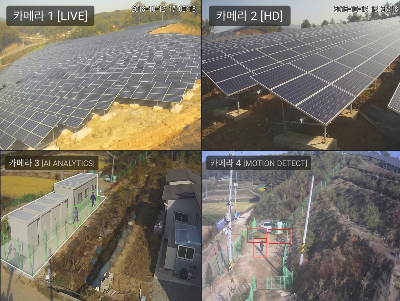솔라플레이 태양광 발전소 실시간 무인 감시 및 AI 침입 감지 고화질 CCTV 관제 화면